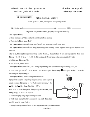 Đề kiểm tra học kì 1 năm học 2014-2015 môn Vật lý - Khối 11